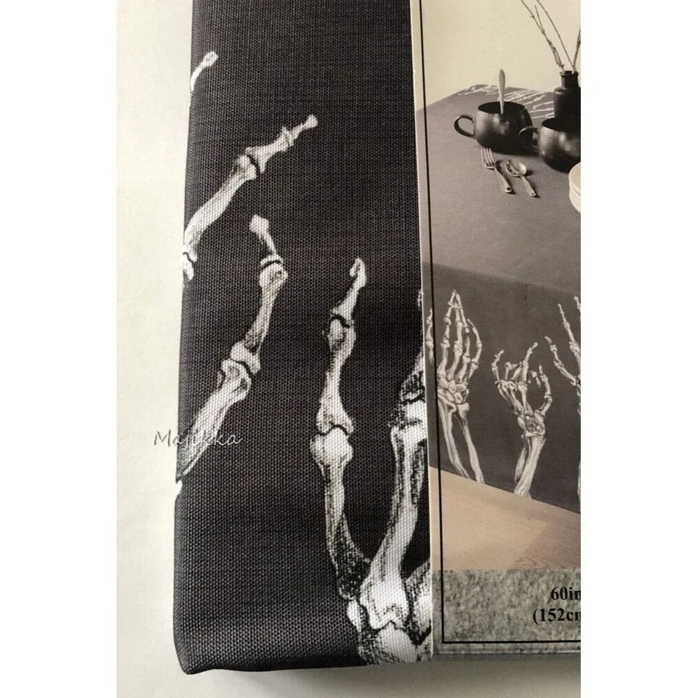 Halloween Tablecloth Fabric Fright Fest Skeleton Hands Border Black White 60x84